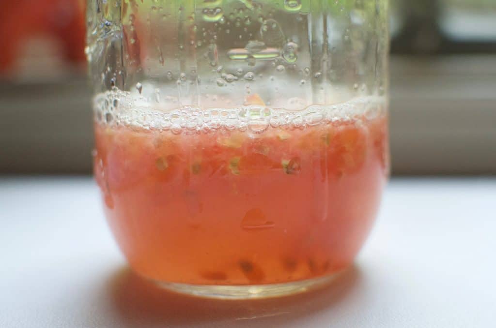 装有发酵番茄种子的罐子特写。