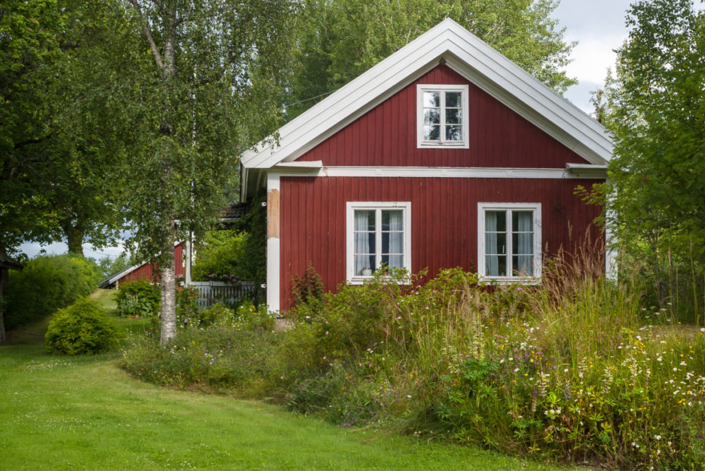 一个红色的农舍，一部分草坪被修剪过，一部分草坪上长满了野花和野草。