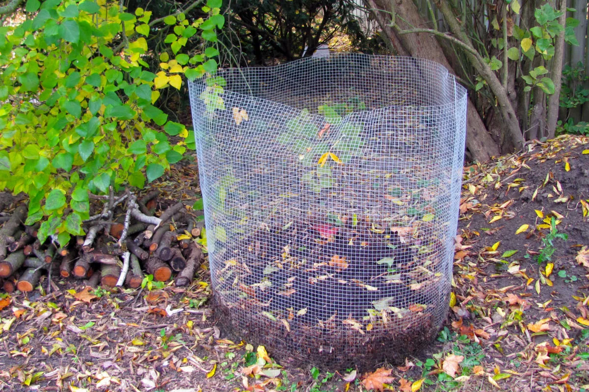Cage filled with rotting leaves to make leaf mold