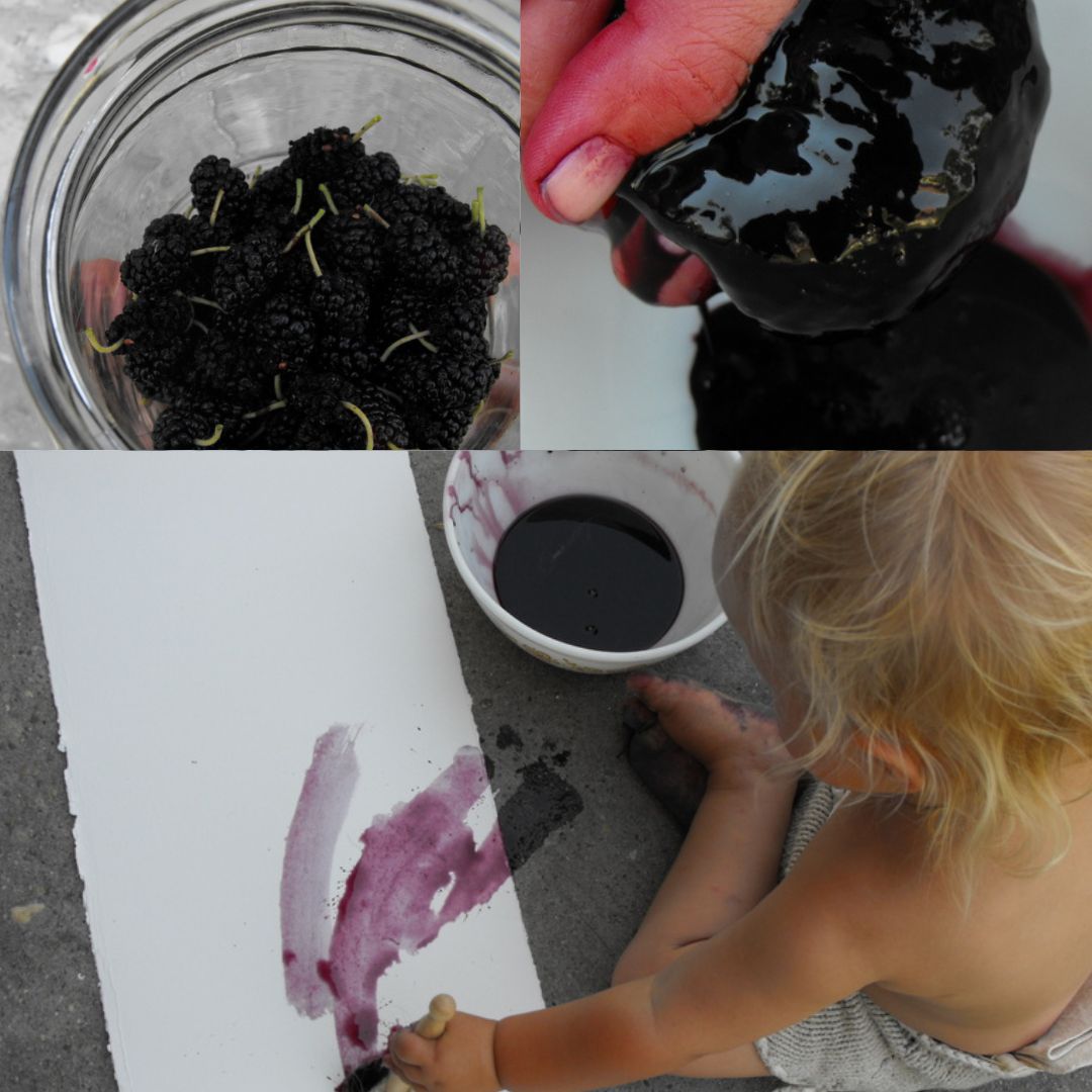 三幅拼贴照片:桑椹缸，桑椹汁儿童绘画，手握桑椹浆。
